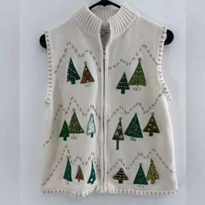 Mercer Street Studio Woman Large Christmas Tree White Zip Up Vest Holiday Casual